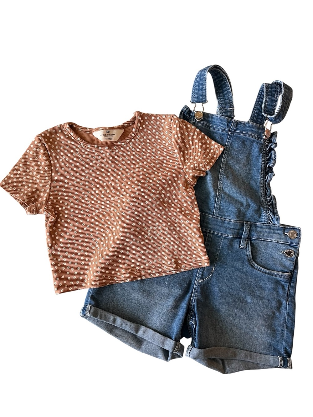 H&M Brown Floral Tee & Blue Denim Short Overalls Set - Kids